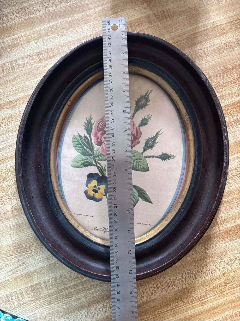 Vintage Floral Oval Wall Art - Pink Rose in Brown Frame